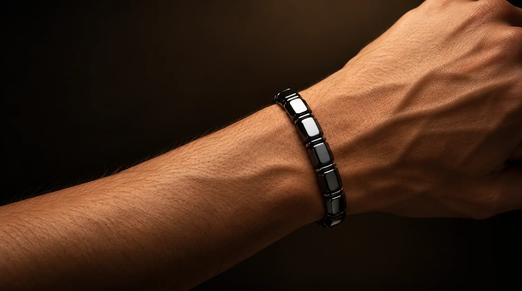 Hematite bracelet worn on a wrist